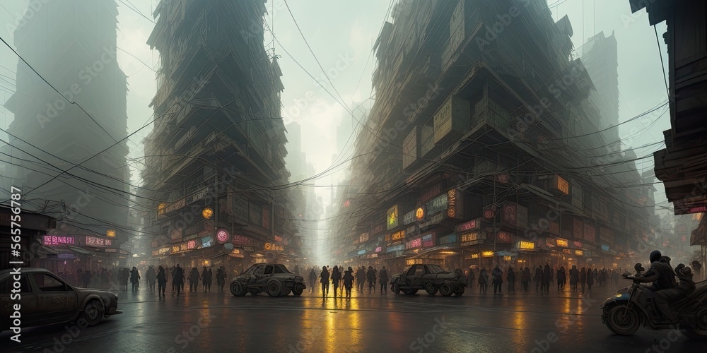 Asian city in cyberpunk style. Streets with a view to the future
