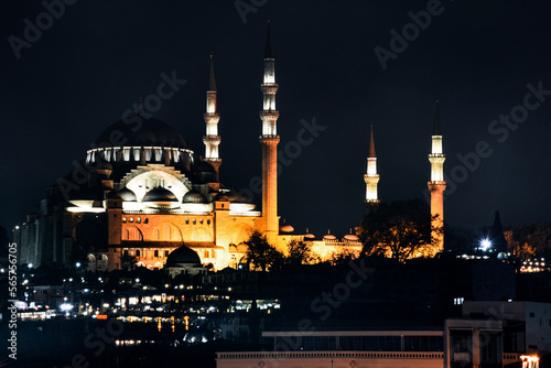 Night view of the Suleymaniye Mosque night view, the largest in the city, Istanbul, Turkey. Ramadan wallpaper, background