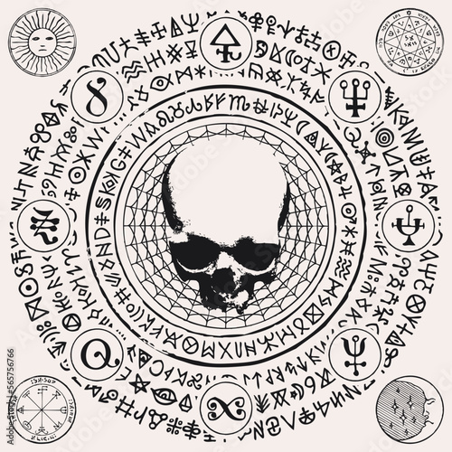 Vector illustration with people skull, pentagram, occult and witchcraft signs. The symbol of Satanism Baphomet and magic runes written in a circle.
