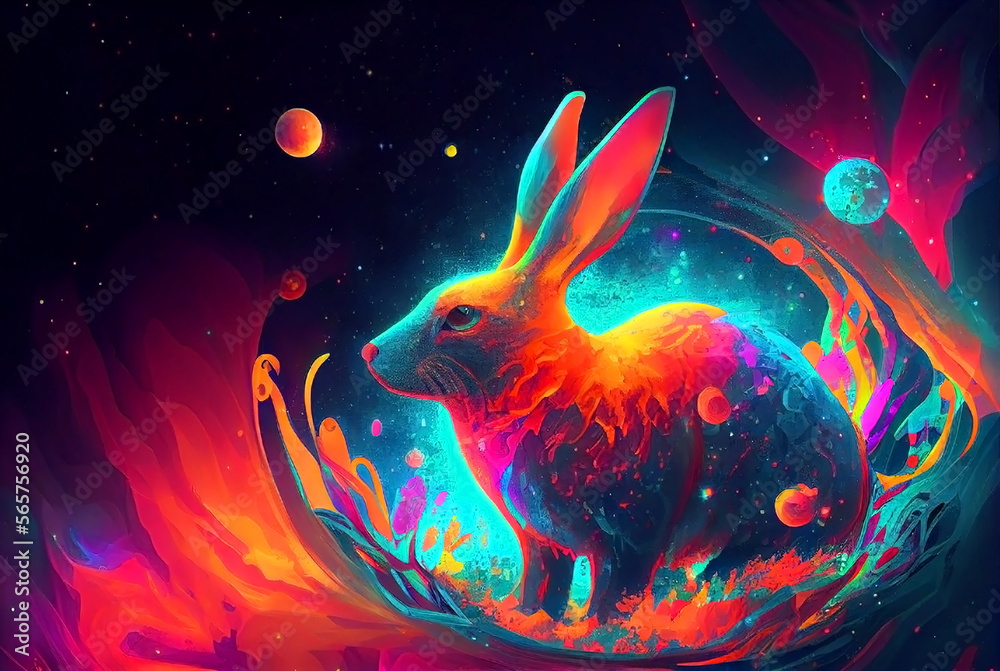 Rabbit reflective neon glow colors painting illustration. Generative AI.