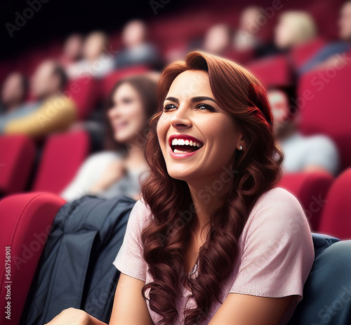 2 Brunette Haired Woman in White Shirt Sitting in a Crowded Movie Theater Reacting and Laughing Generative AI illustration