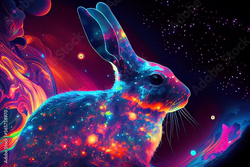 Rabbit reflective neon glow colors painting illustration. Generative AI.