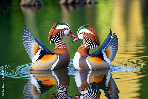 Male Mandarin Ducks (Aix galericulata) display courting rituals on a lake in Bavaria, Germany. Generative AI