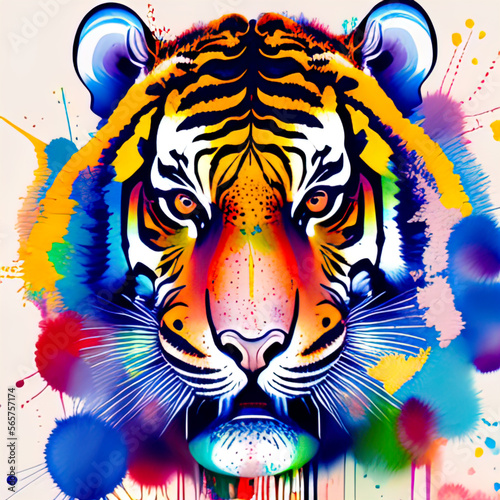 Watercolor abstract strokes of a tiger with paint splatter  paint splash and paint drip