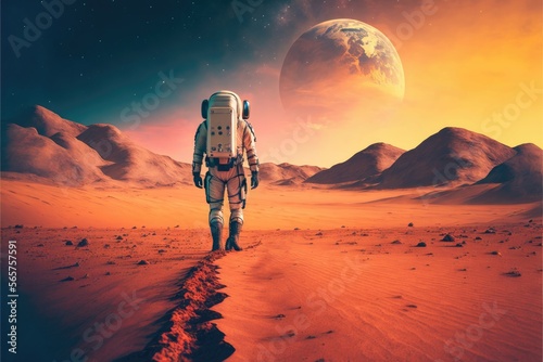 Astronaut walking across desert on Mars planet abstract background. Generative AI