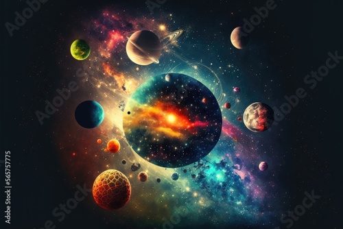 Endless universe with bright objects and colorful stars abstract background. Generative AI