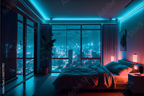 Modern bedroom interior with neon lights glowing ambient in the evening window city view. Bed, carpet, smart tv. Luxurious stylish apartment interior. Smart home concept with neon light colours.