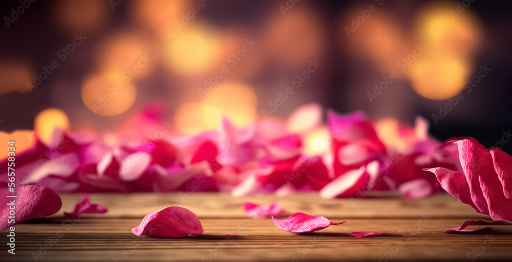 Table wood top with Rose petals on blur bokeh background. Rose petals on wooden background. For display or montage you products with copy space	