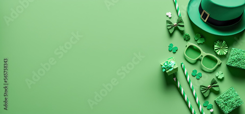 St. Patrick's Day background. Top view of gift boxes, clover, lucky hat and golden coins and glasses. Holiday banner, web poster, flyer, stylish brochure, greeting card, cover with copy space.