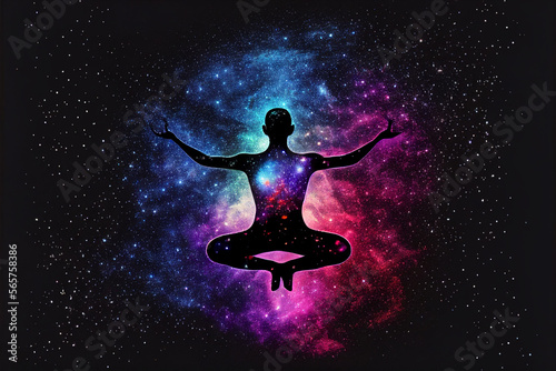 Silhouette of a man in Lotus position on the background of the universe. A state of trance and deep meditation. A spiritual journey in the universe. Abstract chakra meditation energy background