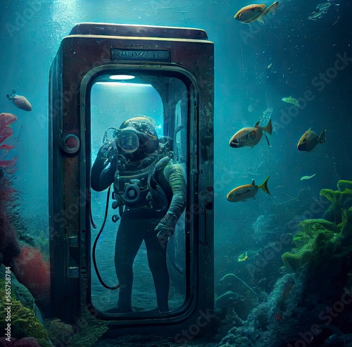 Deep Sea scuba Diver Making a Call Amidst the Underwater World