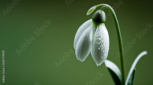 Close up of single Snowdrop flower on green background with copy space. Illustration