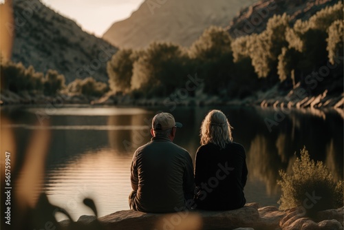Love couple sitting in front of a lake, Generative AI