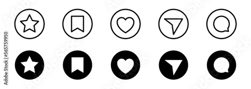 User interface buttons. Share, save, like and comment icon set. Social media buttons. Vector EPS 10