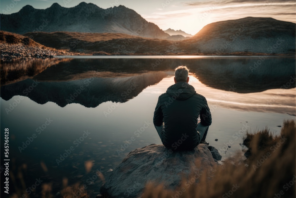 man sitting in front of a lake, Generative AI