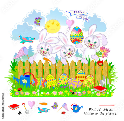 Logic puzzle game for kids. Find 10 objects hidden in the picture. Illustration of Easter bunnies and egg hunt. Educational page. Play online. IQ test. Task for attentiveness. Vector cartoon image.