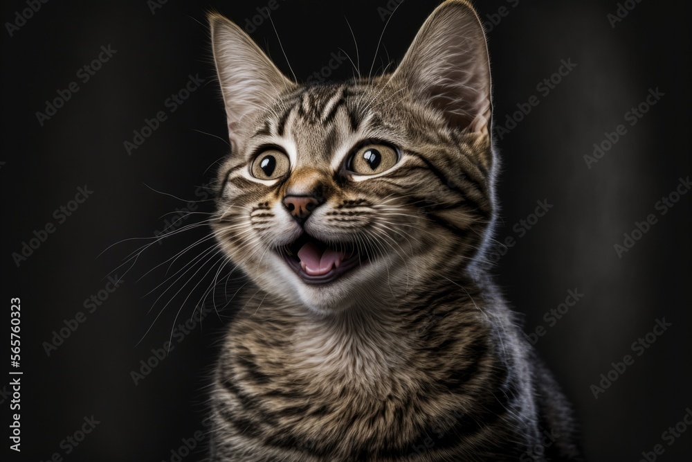 cute cat smiling, funny pet, happy pet on black background, Generative AI