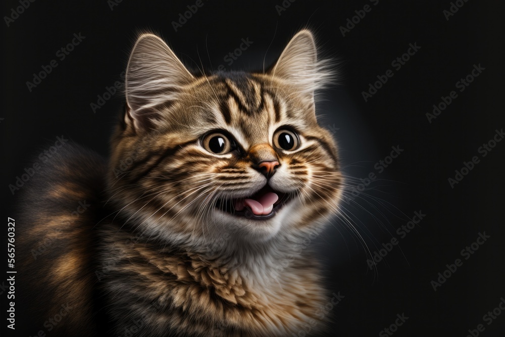 cute cat smiling, funny pet, happy pet on black background, Generative AI