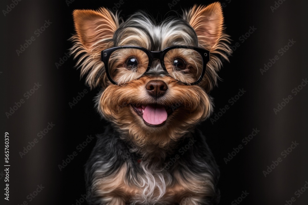 Happy dog smiling with glasses, cute puppy, happy pet, vet day, Generative AI Happy dog smiling with glasses, cute puppy, happy pet, vet day, Generative AI