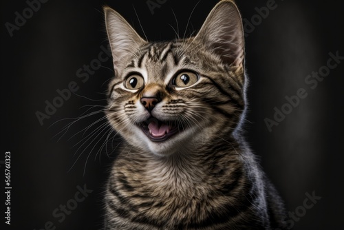 cute cat smiling, funny pet, happy pet on black background, Generative AI © ThisDesign