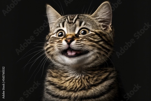 cute cat smiling, funny pet, happy pet on black background, Generative AI © ThisDesign