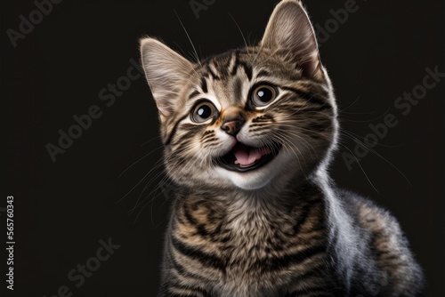 cute cat smiling, funny pet, happy pet on black background, Generative AI