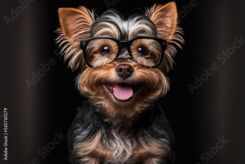 Happy dog smiling with glasses, cute puppy, happy pet, vet day, Generative AI