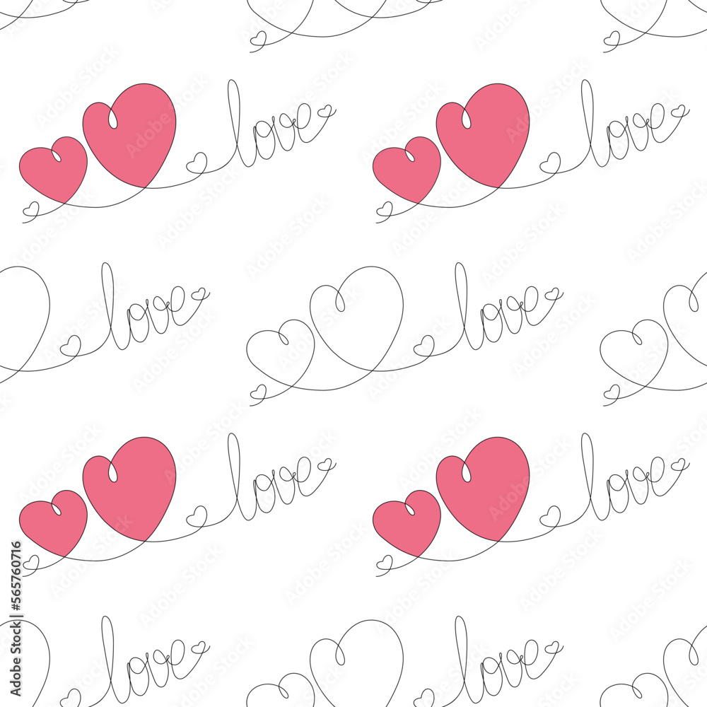 Continuous hand drawn line lettering love and two hearts side by side in trendy hue. Valentines day