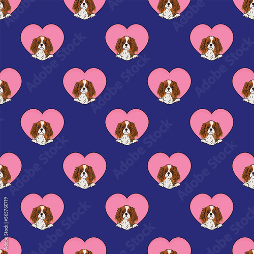 Cavalier king charles spaniel dog with paws pattern, Valentine's day heart wallpaper. Love heart with pet head holiday texture. Dog face Holding Heart Cartoon square background. St Valentine's day.