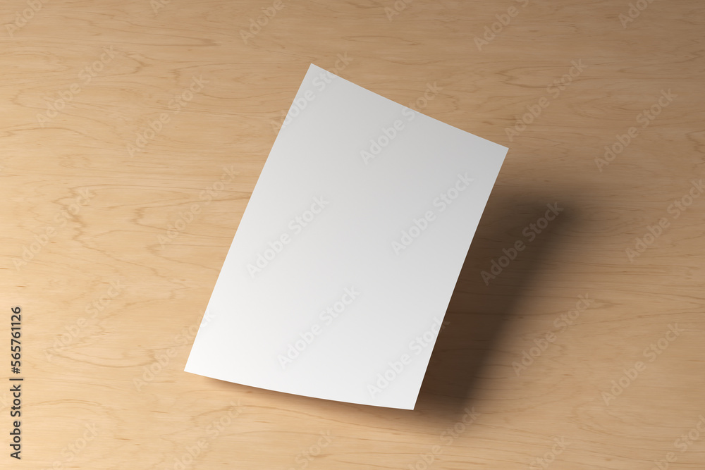 A4 flyer page mockup floating on wooden background A4 flyer page mockup floating on wooden background