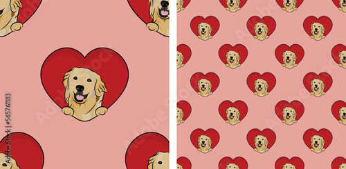 Golden retriever dog with paws pattern, Valentine's day heart wallpaper. Love heart with pet head holiday texture. Dog face Holding Heart Cartoon square background. St Valentine's day present paper.