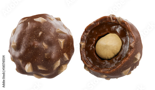 Two chocolate ball whole and half with hazelnuts transparent background - 3D rendering