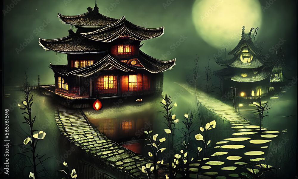 Fototapeta premium Generative AI : Dark surreal illustrations of Japanese garden, 