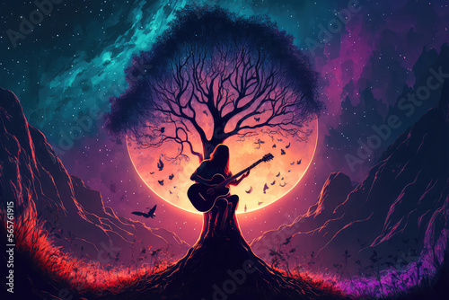  illustration painting of young woman playing guitar for the magic tree against star trails and the moon in the sky, digital art style. (ai generated)