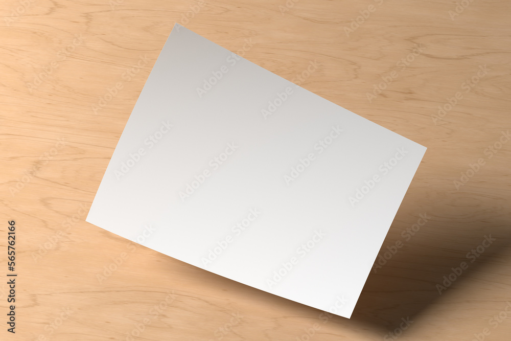 Horizontal A4 flyer paper mockup floating on wooden background