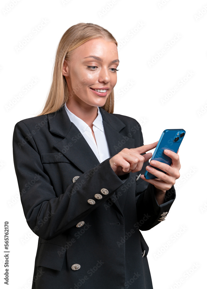 Businesswoman working with smartphone, smiling isolated over whi Businesswoman working with smartphone, smiling isolated over whi