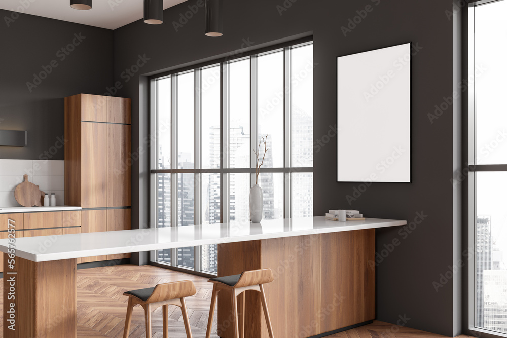 Fototapeta premium Dark kitchen interior with bar countertop and panoramic window. Mockup frame