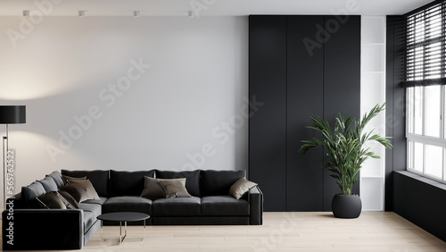 Black and white large living room. A chic room with a huge lounge hall Black couch and white empty walls. Mockup design interior home or reception foyer. 3d rendering