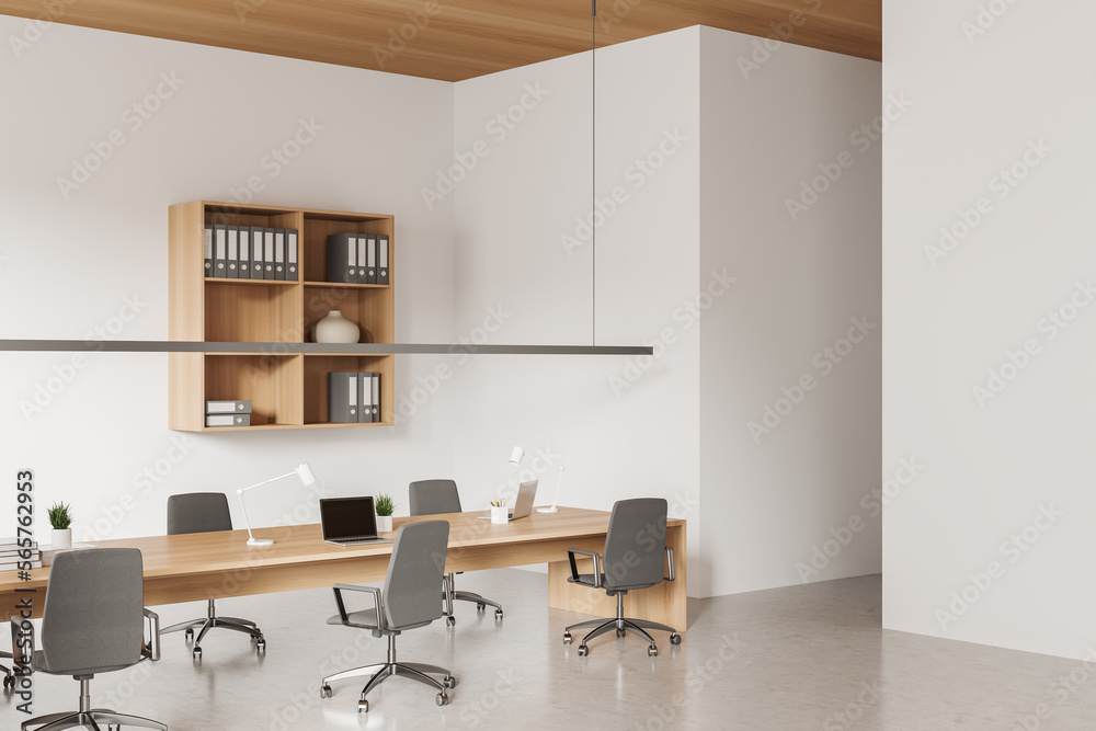Fototapeta premium Light meeting room interior with chairs and table, laptop and decoration