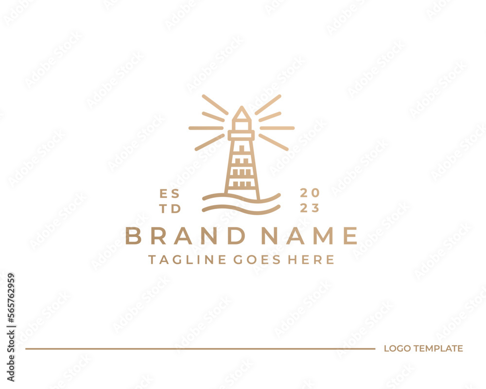 Lighthouse Tower Island with searching light. Simple Line Art logo design inspiration