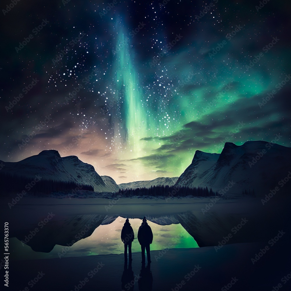 Aurora borealis illuminating a snowy landscape, with  silhouette of a group of people looking up in awe in the foreground