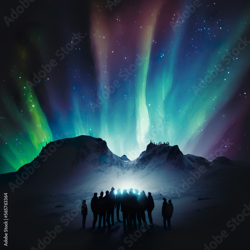 Fotografie, Obraz Aurora borealis illuminating a snowy landscape, with  silhouette of a group of p