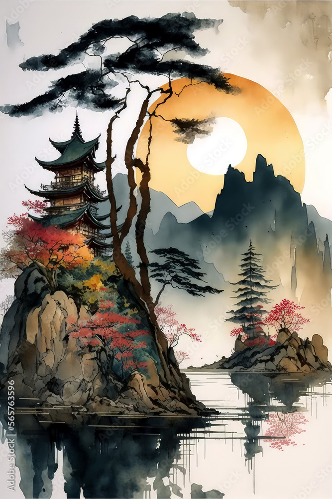 Japanese Garden with Blossoms, Japanese Temple in the Morning, Japanese Landscape, Generative AI 
