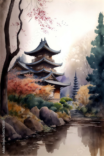 Japanese Garden with Blossoms, Japanese Temple in the Morning, Japanese Landscape, Generative AI 