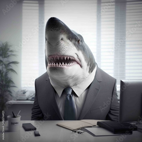 Portrait of shark in a business suit  at the office  generative ai.