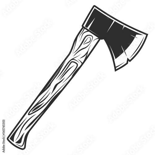 Wooden axe isolated on white background. Element for business woodworking or lumberjack emblem or icon. Builder construction metal ax with handle made of wood
