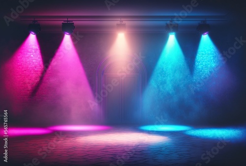 cartoon illustration, stage illuminated by blue and pink neon spotlights, generative AI