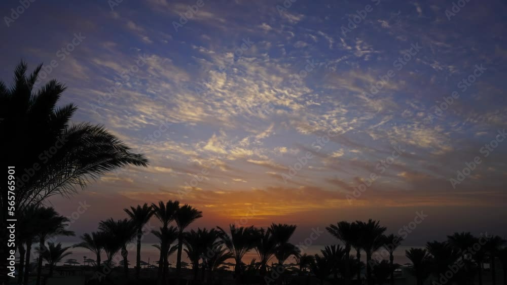 Beautiful landscape with palms on resort beach and sunrise over sea, timelapse 4k Beautiful landscape with palms on resort beach and sunrise over sea, timelapse 4k