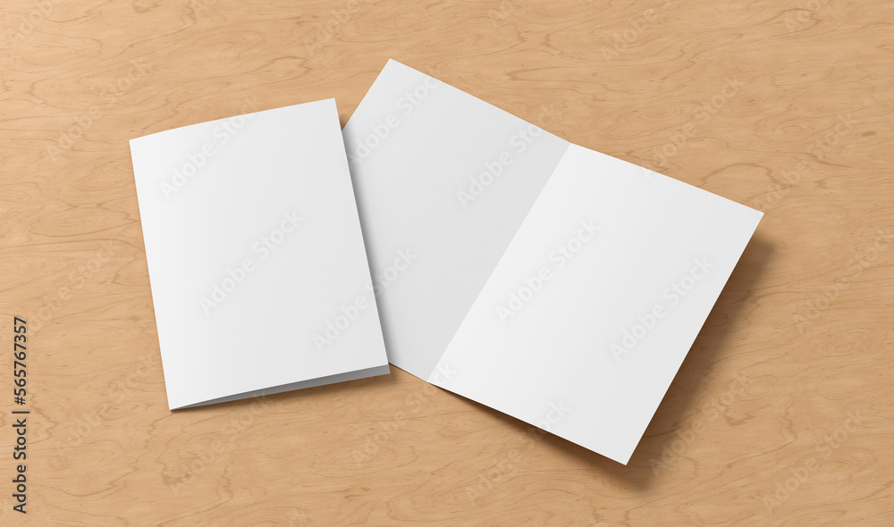 Half-folded flyer A4 booklet mock up on wooden background Half-folded flyer A4 booklet mock up on wooden background