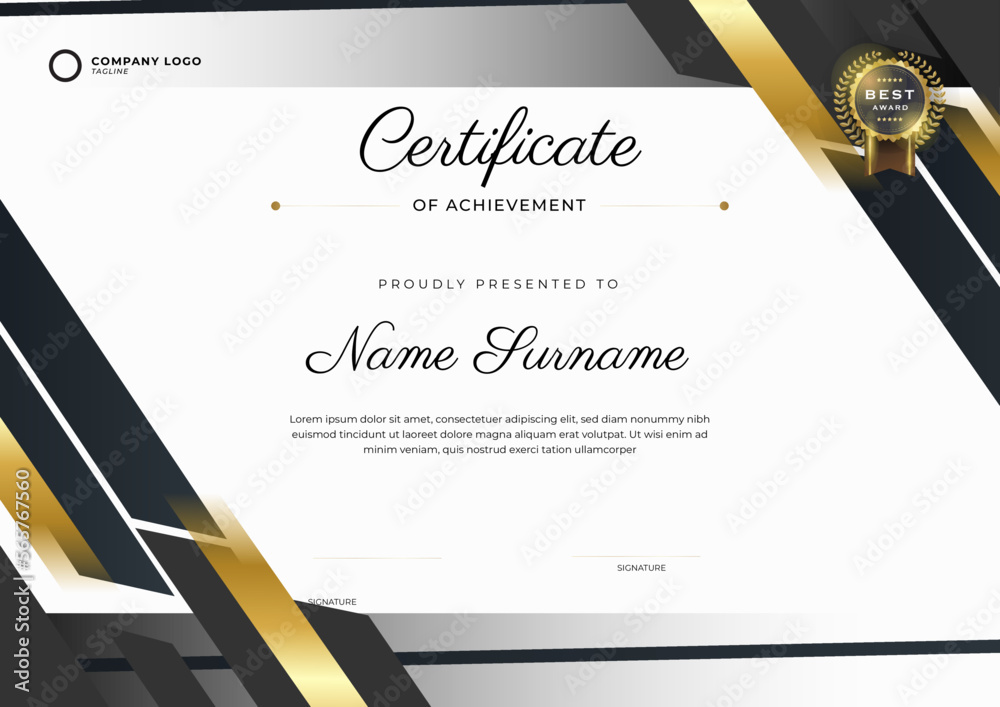 Black and gold Certificate of Achievement template. Background with ...